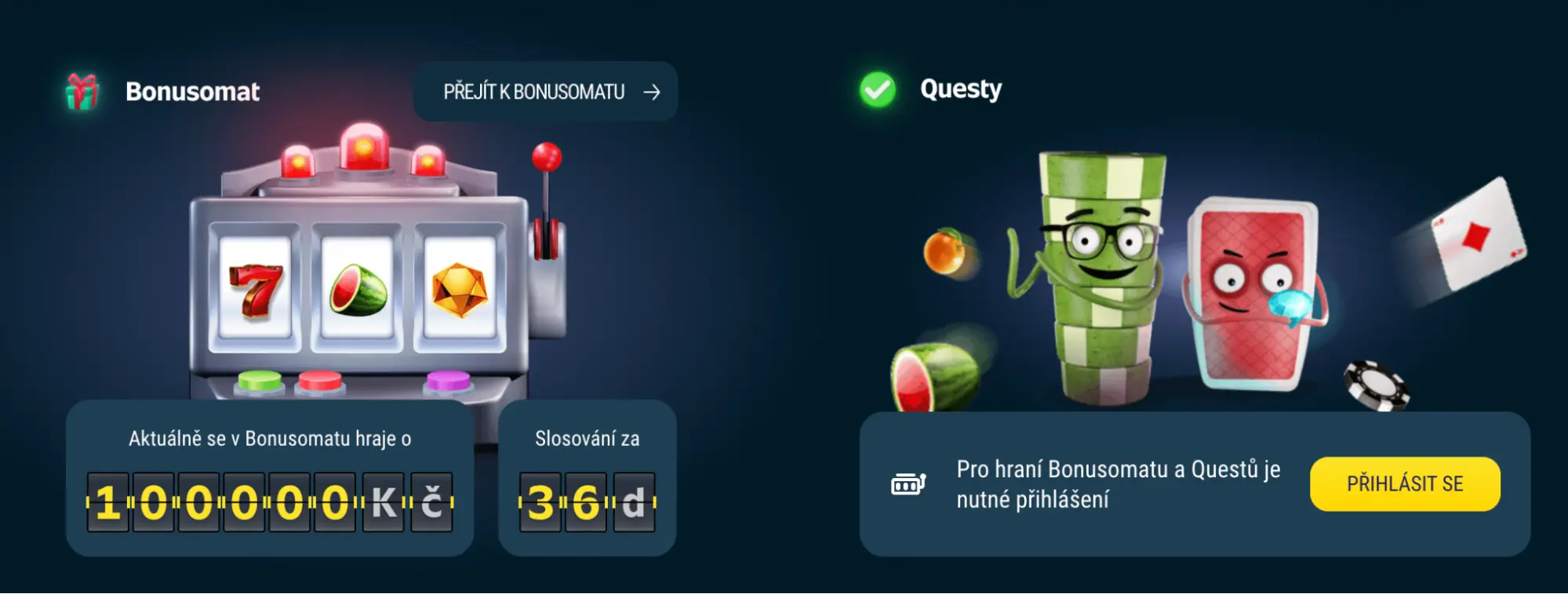 Zapojte se do Bonusomatu a Questů v Radioservis Hry a hrajte o 1 000 000 Kč Bonusomat s výherním automatem a postavy žetonu a karty propagují questy a bonusy v online casinu